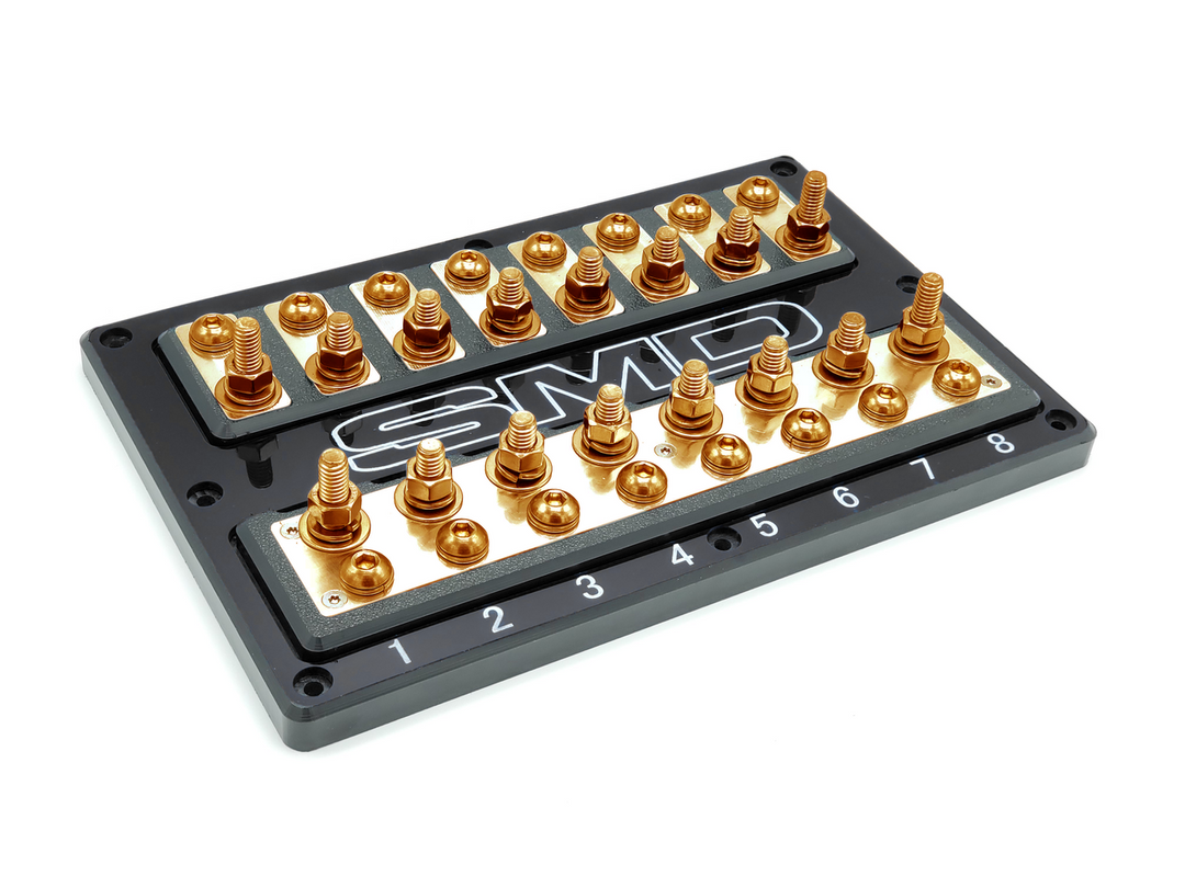 Bloque de fusibles ANL SMD Octo XL2 de 8 ranuras con hardware de cobre 100 % libre de oxígeno y cubierta acrílica transparente, fabricado en EE. UU.