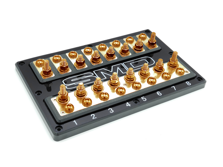 Bloque de fusibles ANL SMD Octo XL2 de 8 ranuras con hardware de cobre 100 % libre de oxígeno y cubierta acrílica transparente, fabricado en EE. UU.