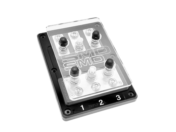 Bloque de fusibles ANL SMD Triple XL2 de 3 ranuras con herrajes de acero inoxidable/aluminio y cubierta acrílica transparente, fabricado en EE. UU.