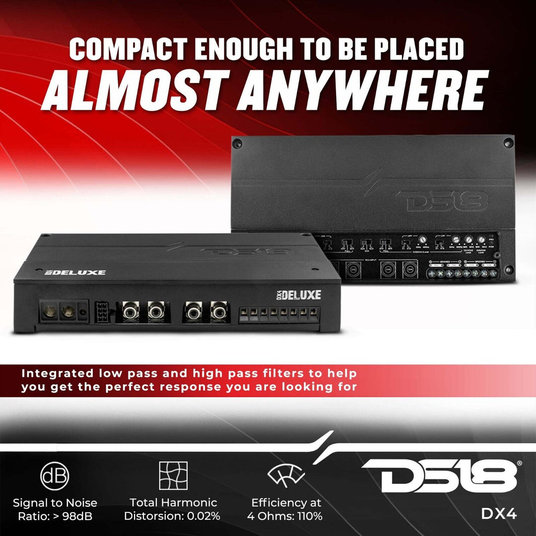 Amplificador Clase D DS18 Deluxe DX4 de 4 canales - 4 x 150 vatios Rms a 4 ohmios