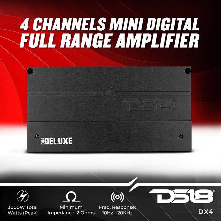 Amplificador Clase D DS18 Deluxe DX4 de 4 canales - 4 x 150 vatios Rms a 4 ohmios