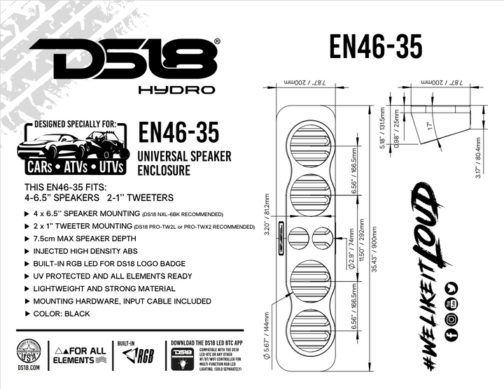 DS18 EN46-35 Caja de altavoz universal de 35" - Se adapta a 4 altavoces de rango medio de 6,5" y 2 x tweeters Bullet Super de 3"