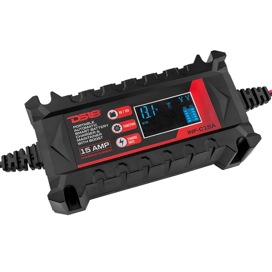 DS18 INF-C15A 6 o 12 voltios Smart 15A Mantenedor y cargador de batería - Compatible con plomo-ácido, húmedo, gel, AGM y litio (LiFePO4)