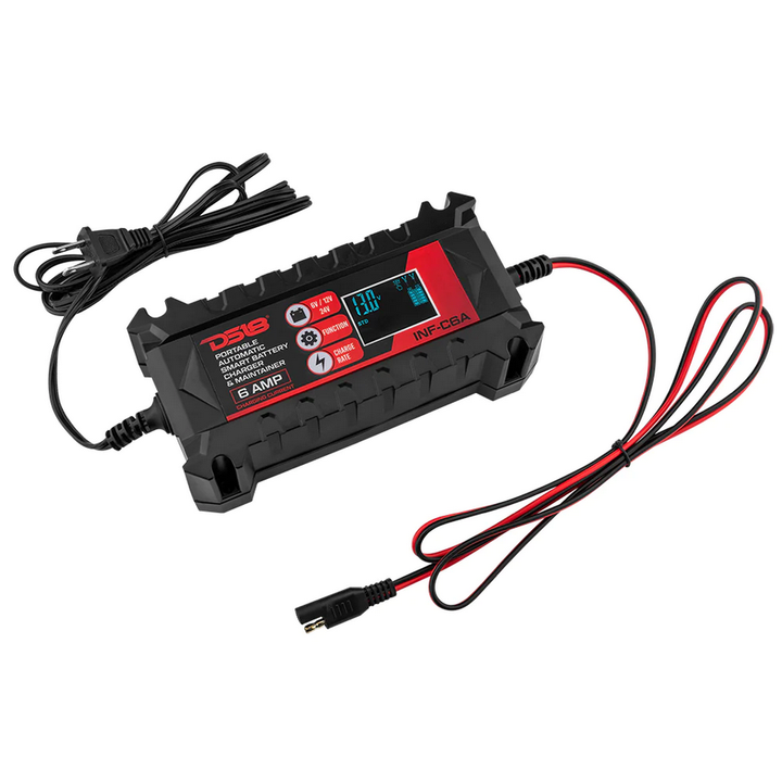 DS18 INF-C6A 6, 12 o 24 voltios Smart 6A Mantenedor y cargador de batería de automóvil - Compatible con plomo-ácido, húmedo, gel, AGM y litio (LiFePO4)