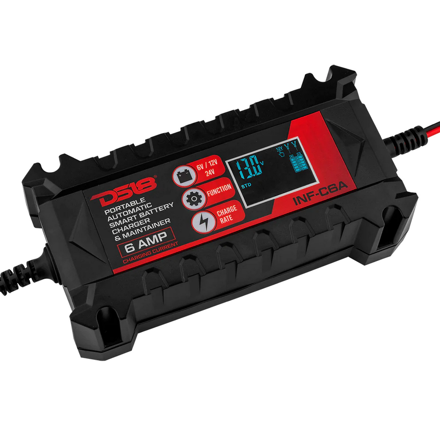 DS18 INF-C6A 6, 12 o 24 voltios Smart 6A Mantenedor y cargador de batería de automóvil - Compatible con plomo-ácido, húmedo, gel, AGM y litio (LiFePO4)