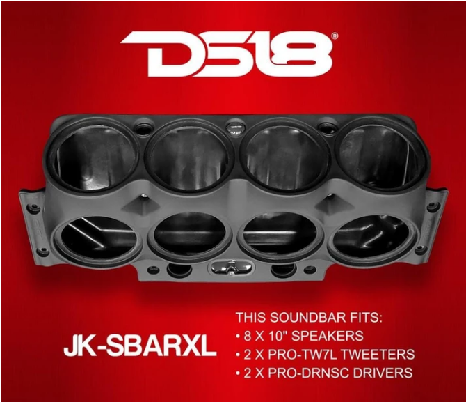 Jeep Wrangler JK y JKU 2007-2018 - Barra de sonido superior DS18 JK-SBAR10XL - Se adapta a 8 parlantes de 10", 2 tweeters y 2 controladores