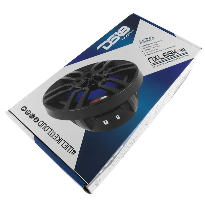 DS18 NXL-6BK 6.5" 2-Way Coaxial Marine Speakers with Built-in RGB LED Lights - 100 Watts Rms 4-ohm