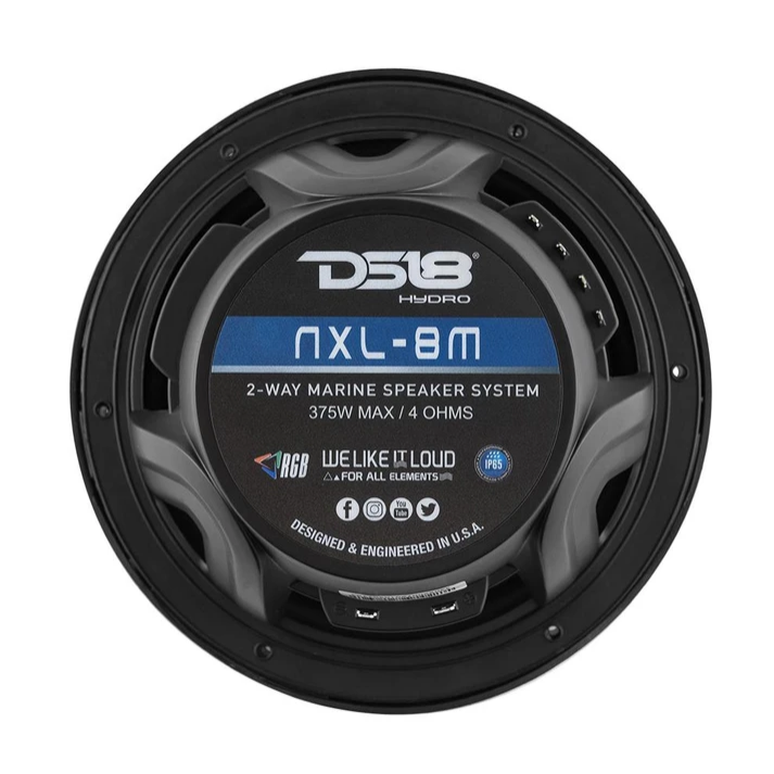 DS18 NXL-8M/BK 8" Marine Coaxial Speakers with Built-in Tweeters and RGB LED Lights - 125 Watts Rms 4-ohm