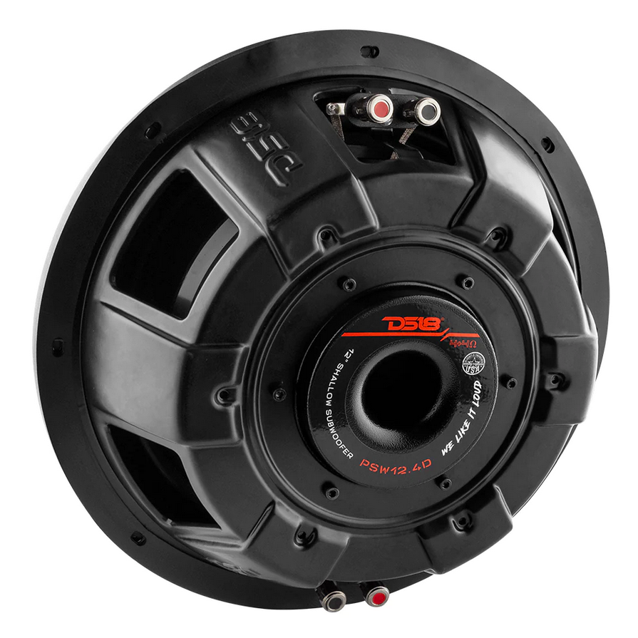 DS18 PSW12.4D 12" Shallow Mount Subwoofer with Water Resistant Cone and 3" Voice Coil - 600 Watts Rms 4-ohm DVC