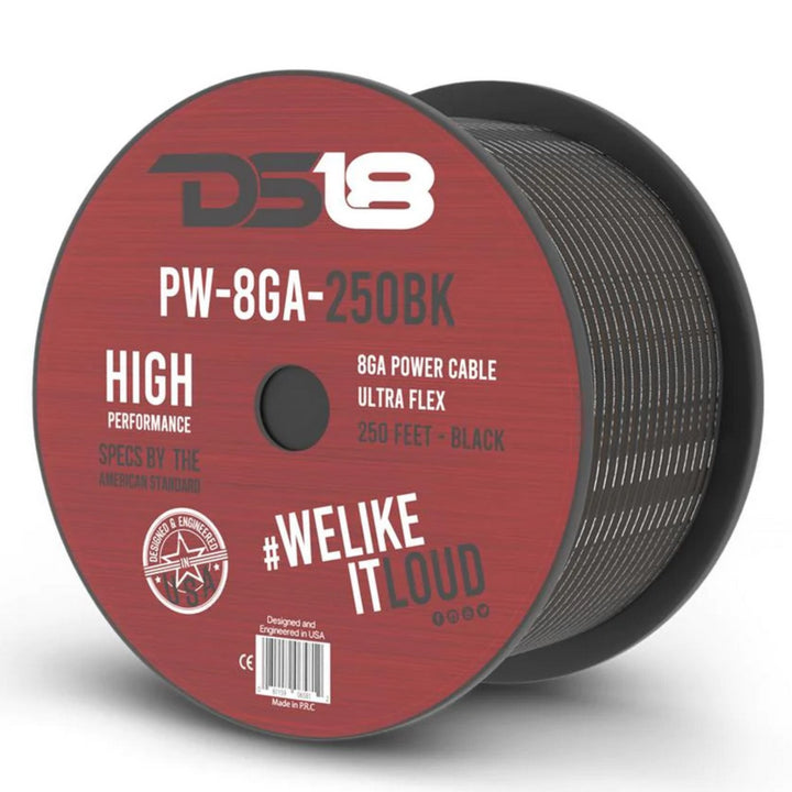 DS18 PW-8GA-100BK 8 Gauge Copper Clad Aluminum Power or Ground Wire - 100 Foot Roll