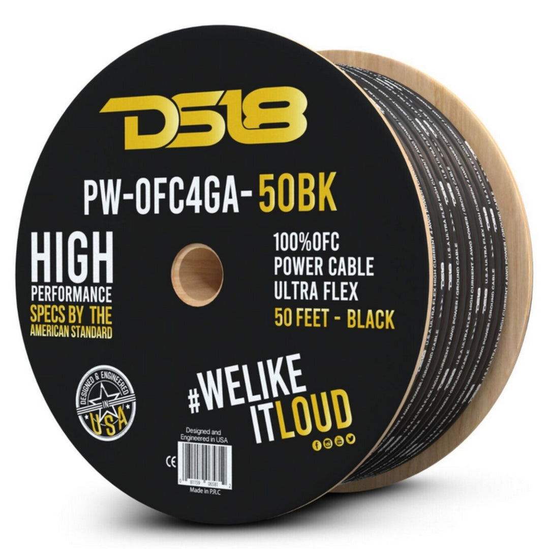 DS18 PW-OFC4GA-50BK Cable de alimentación o tierra de cobre 100 % libre de oxágeno, calibre 4, rollo de 50 pies
