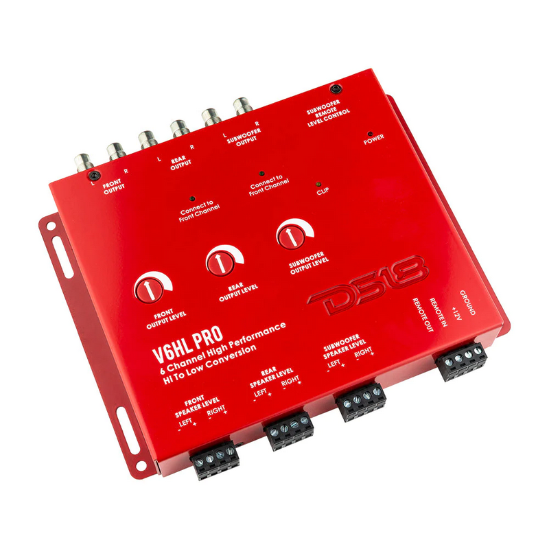 Convertidor de salida de línea DS18 V6HLPRO de 6 canales con detección de señal, encendido remoto, luces LED de clip y perilla de control de graves