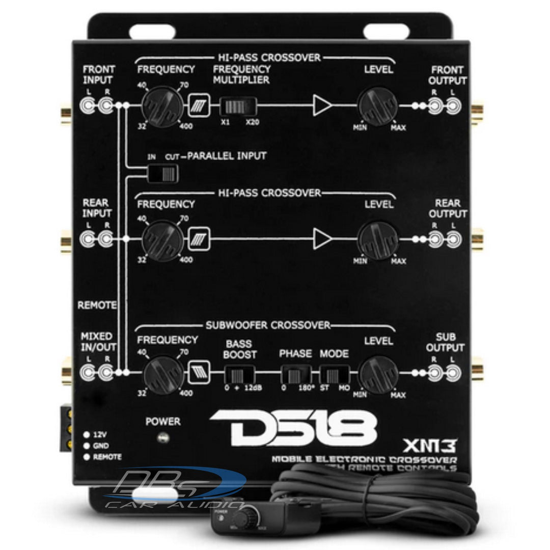 DS18 XM3 3-Way Active Crossover with Six 9 Volt Rca Outputs and Subwoofer Level Control Knob